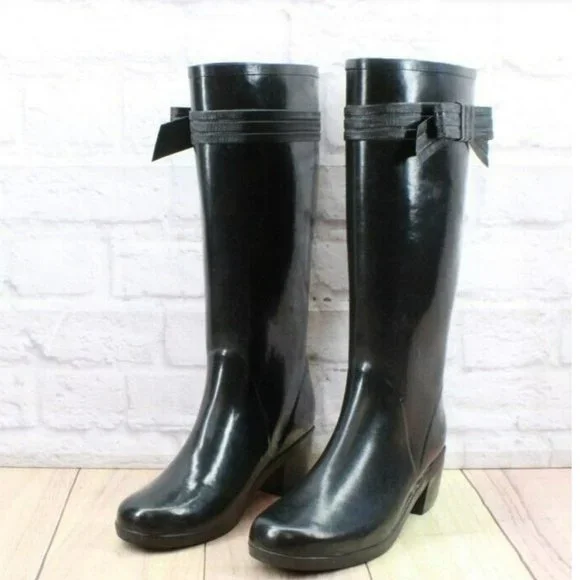 Kate Spade Black Glossy Rubber Pull On Knee High Rain Boots Size 9 - Picture 2 of 10